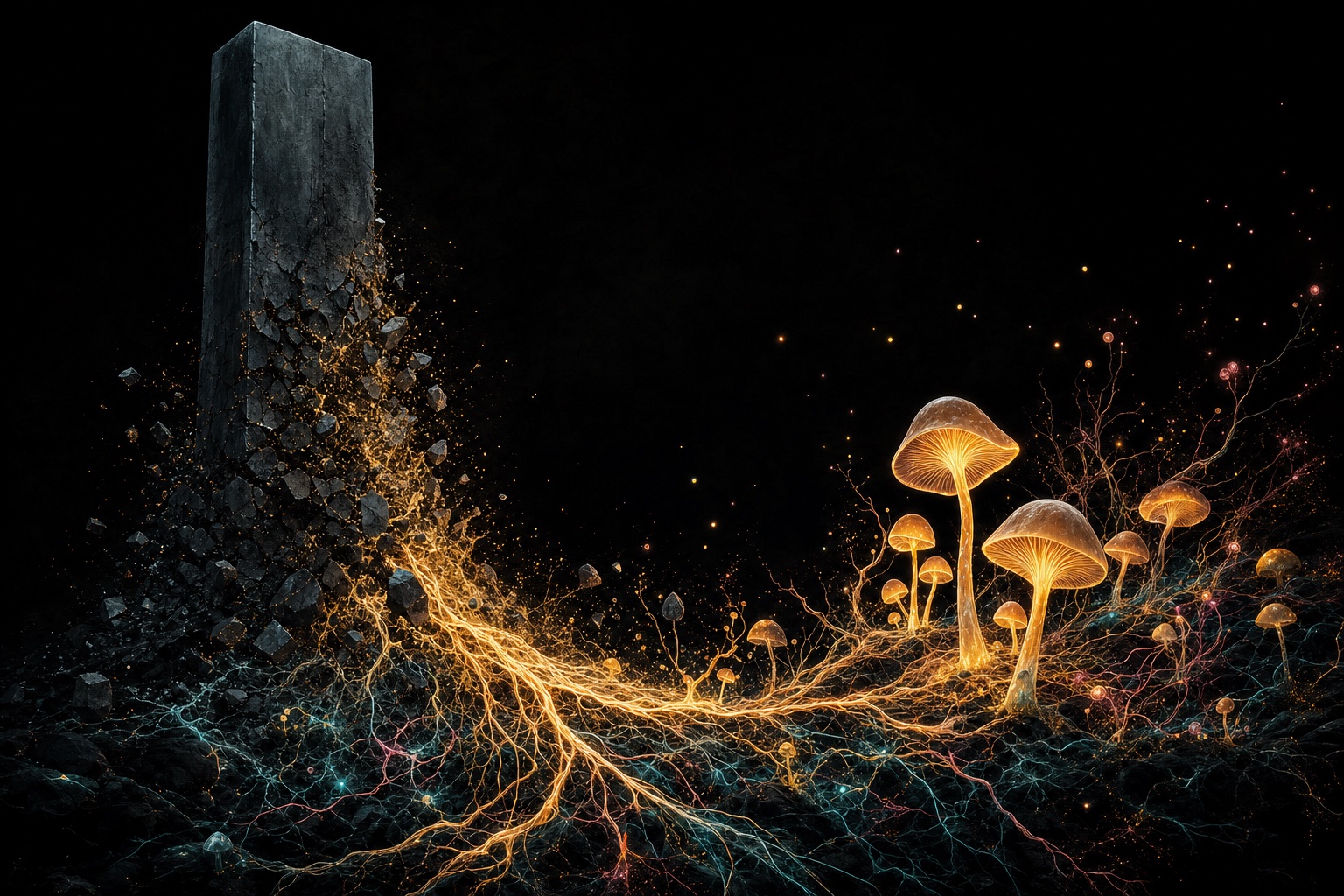 A cold monolith fracturing at its base into a river of glowing amber roots and
                   luminous mushrooms spreading across the dark ground.