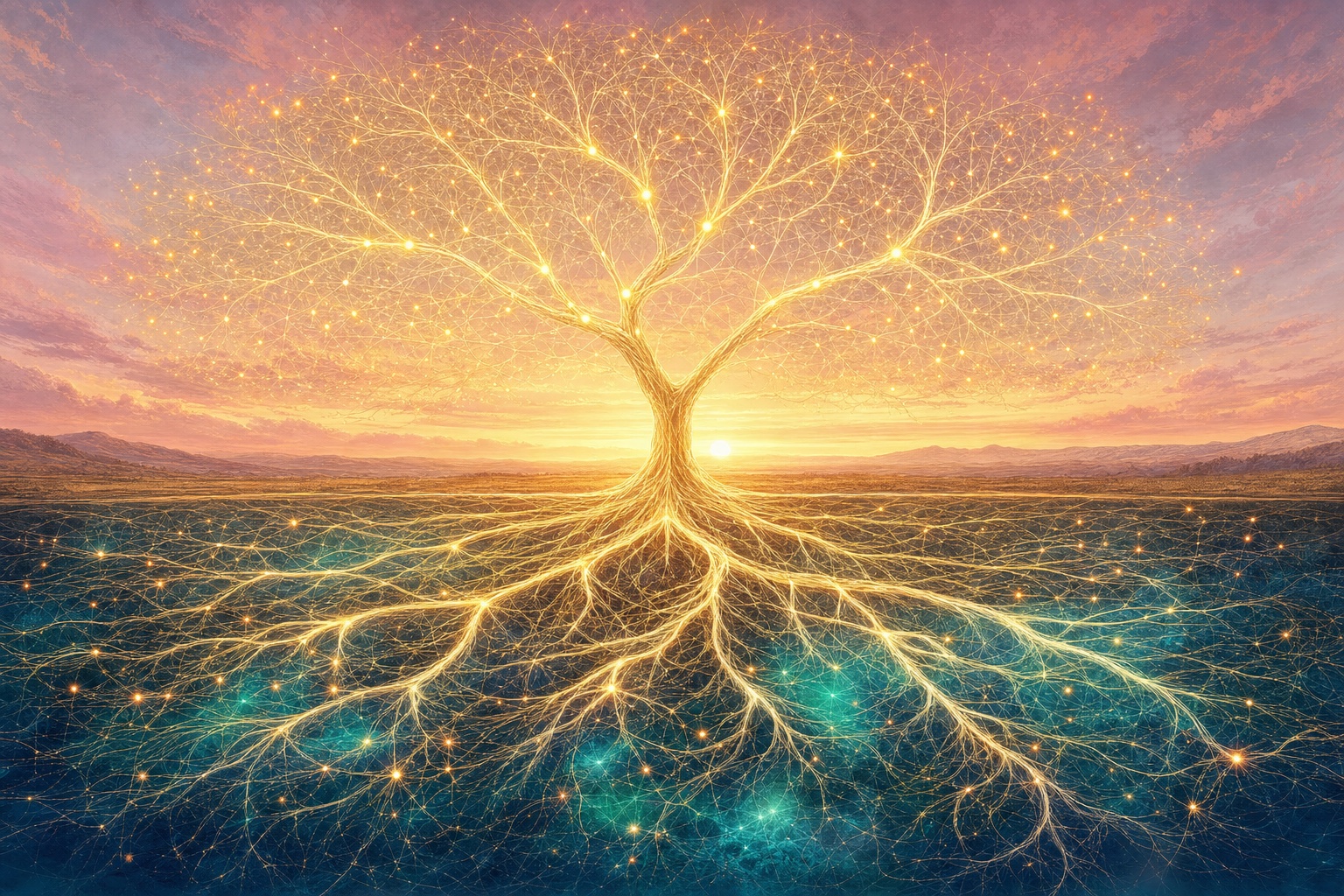 A tree of golden light whose canopy and roots form one continuous network, rooted
                   and radiant at dawn.